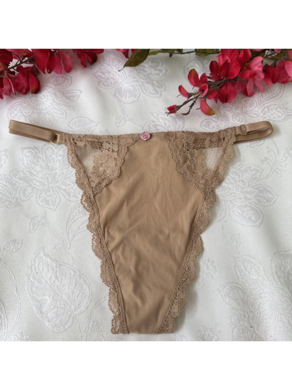 VICTORIA'S SECRET XL NUDE V STRING ADJ STRAP DREAM ANGELS SILKY THONG PANTIES